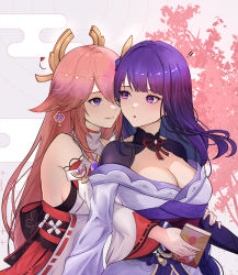 Rule 34 | !, !!, 2girls, :o, absurdres, animal ears, arm grab, bare shoulders, blush, book, breasts, cherry blossoms, cherry tree, cleavage, clenched teeth, couple, detached sleeves, duckntea, earrings, eye contact, fox ears, genshin impact, hair between eyes, heart, highres, holding, holding book, hug, hug from behind, japanese clothes, jewelry, kimono, large breasts, purple kimono, long hair, long sleeves, looking at another, looking back, multiple girls, neck, off shoulder, open mouth, purple eyes, purple hair, raiden shogun, shirt, simple background, sleeveless, sleeveless shirt, sleeveless turtleneck, smile, straight hair, teeth, turtleneck, upper body, very long hair, vision (genshin impact), white shirt, yae miko, yuri