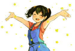 Rule 34 | 10s, 1girl, :d, ^ ^, black hair, blush, closed eyes, hair ornament, highres, kuraue hinata, open mouth, outstretched hand, overalls, pocket, red shirt, shirt, simple background, smile, solo, tarazoo, twintails, yama no susume