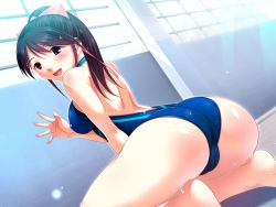 Rule 34 | 1girl, aneimo neo + second sister, ass, back, blue hair, blush, breasts, cameltoe, feet, game cg, legs, long hair, looking back, open mouth, pink eyes, ponytail, shinonome kazuhiko, sideboob, sitting, smile, sunlight, swimsuit, thighs, toes, wet, window