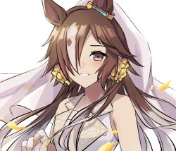Rule 34 | 1girl, animal ears, bare shoulders, bead bracelet, beads, blush, bracelet, breasts, bridal veil, brown hair, collarbone, commentary request, dress, ear ornament, flower, hair flower, hair ornament, hair over one eye, highres, horse ears, horse girl, jewelry, long hair, looking at viewer, multicolored hair, official alternate costume, official alternate hairstyle, simple background, sleeveless, sleeveless dress, small breasts, smile, solo, streaked hair, toriumi (fioripera14), umamusume, upper body, veil, vodka (heart ignition!!) (umamusume), vodka (umamusume), white background, white hair