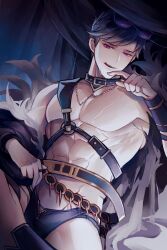 Rule 34 | 1boy, abs, belial (granblue fantasy), belial (summer) (granblue fantasy), black hair, black jacket, black male swimwear, cross-laced clothes, cross-laced one-piece swimsuit, eyewear on head, feather boa, granblue fantasy, highres, jacket, jewelry, kishire0324, large pectorals, male focus, male swimwear, muscular, muscular male, necklace, off shoulder, official alternate costume, open clothes, open jacket, pectorals, red hair, short hair, solo, sunglasses, swim briefs
