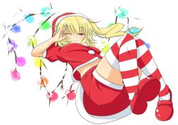 Rule 34 | 1girl, alternate costume, alternate headwear, blonde hair, christmas, fang, female focus, flandre scarlet, full body, hat, highres, himenomikan, midriff, one eye closed, patterned legwear, red &amp; white, red eyes, red shirt, red shorts, santa costume, santa hat, shirt, short hair, shorts, smile, solo, striped clothes, striped thighhighs, thighhighs, touhou, transparent background, two-tone stripes, white background, wings, wink