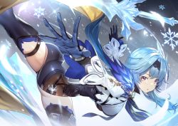 Rule 34 | 1girl, ass, black gloves, black hairband, black leotard, black thighhighs, blue cape, blue hair, blue necktie, blush, breasts, cape, crystal sword, eula (genshin impact), genshin impact, gloves, hair ornament, hairband, jewelry, large breasts, leotard, long sleeves, looking at viewer, medium hair, necktie, open mouth, pendant, purple eyes, resolution mismatch, sidelocks, snowflakes, solo, source larger, sword, teddy (khanshin), thighhighs, thighs, vision (genshin impact), weapon
