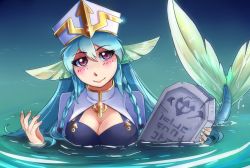 Rule 34 | 1girl, anchor, animal ears, bad link, blue hair, blue nails, blush, bow, bra, braid, breasts, cleavage, closed mouth, fingernails, hair bow, hat, head tilt, large breasts, long hair, looking at viewer, mermaid, monster girl, monster girl encyclopedia, nail polish, partially submerged, pink eyes, purple bow, purple bra, ripples, sea bishop, second-party source, smile, solo, soup-plz, stone tablet, underwear