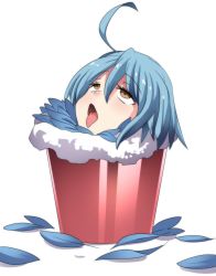 Rule 34 | 1girl, absurdres, ahoge, blue hair, brown eyes, corpse, death, decapitation, empty eyes, guro, highres, monster musume no iru nichijou, open mouth, papi (monster musume), short hair, simple background, solo, tongue, tongue out, white background