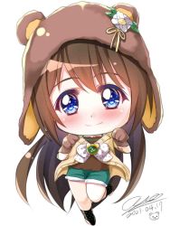 Rule 34 | 1girl, animal ears, animal hands, animal hood, aqua eyes, artist name, artist request, bare legs, bare shoulders, bear ears, blue eyes, blush, bow, breasts, brown bow, brown dress, brown footwear, brown hair, brown jacket, brown legwear, brown sweater, chibi, clothing cutout, collarbone, dated, dress, exciting animal (love live!), female focus, flower, frilled dress, frills, full body, fur-trimmed pants, fur-trimmed shorts, fur trim, gloves, green pants, green shorts, hair between eyes, high heels, highres, hood, hooded jacket, hooded sweater, jacket, light brown jacket, light brown sweater, long hair, long sleeves, looking at viewer, love live!, love live! nijigasaki high school idol club, love live! school idol festival, love live! school idol festival all stars, osaka shizuku, pants, parted lips, paw gloves, polka dot, polka dot bow, polka dot legwear, ponytail, ribbon, shoes, short pants, short shorts, short sleeves, shorts, shoulder cutout, small breasts, smile, solo, standing, standing on one leg, sweater, white background, white bow, white flower, yellow ribbon