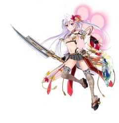 Rule 34 | &gt;:), 1girl, antenna hair, breasts, checkered clothes, checkered skirt, cleavage, flower, full body, hair flower, hair ornament, holding, holding polearm, holding spear, holding weapon, long hair, maeda kanazawa (oshiro project), medium breasts, midriff, murakami yuichi, navel, official art, open mouth, oshiro project:re, oshiro project:re, pleated skirt, polearm, purple hair, sideboob, skirt, smile, solo, spear, thighhighs, transparent background, two side up, v-shaped eyebrows, very long hair, weapon, white hair