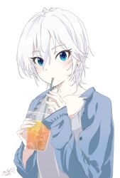 Rule 34 | 1girl, anastasia (idolmaster), blue eyes, blue jacket, blush, breasts, collarbone, cup, disposable cup, drinking, drinking straw, grey hair, grey shirt, hair between eyes, hands up, highres, holding, holding cup, idolmaster, idolmaster cinderella girls, idolmaster cinderella girls starlight stage, jacket, long sleeves, looking at viewer, medium breasts, mouth hold, open clothes, open jacket, shirt, short hair, signature, simple background, solo, sweat, upper body, white background, yataneko (echigo)
