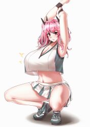 Rule 34 | 1girl, absurdres, armpits, arms up, azur lane, bare shoulders, breasts, bremerton (azur lane), bremerton (scorching-hot training) (azur lane), cleavage, collarbone, commentary, crop top, crop top overhang, full body, green footwear, green skirt, grey hair, hair between eyes, hair ornament, highres, hokkyokusei, large breasts, long hair, looking at viewer, midriff, multicolored hair, navel, no mole, official alternate costume, parted lips, pink eyes, pink hair, pleated skirt, shadow, shirt, shoes, sidelocks, simple background, skirt, sleeveless, sleeveless shirt, sneakers, solo, sportswear, squatting, streaked hair, tennis uniform, twintails, two-tone hair, two-tone shirt, two-tone skirt, white background, white shirt, white skirt, wristband