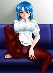 Rule 34 | 1girl, barefoot, blue eyes, blue hair, blush, bob cut, breasts, couch, covered erect nipples, hand on floor, hand on own thigh, highres, large breasts, looking at viewer, medium hair, mokkouyou bond, nipples, no pants, on couch, panties, panties under pantyhose, pantyhose, serizawa miki, shiny skin, shirt, short hair, sitting, solo, spread legs, super real mahjong, toes, underwear, white shirt