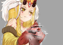 Rule 34 | 094205188, 1boy, 1girl, absurdres, bare shoulders, blonde hair, blush, censored, claws, fate/grand order, fate (series), handjob, highres, horns, ibaraki douji (fate), japanese clothes, kimono, long hair, off shoulder, oni, oni horns, penis, pointy ears, saliva, simple background, yellow eyes, yellow kimono