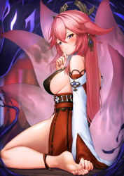 Rule 34 | 1girl, animal ears, barefoot, blush, breasts, chin stroke, commentary request, detached sleeves, earrings, fingernails, floppy ears, fox ears, fox girl, from side, full body, genshin impact, hair between eyes, highres, japanese clothes, jewelry, kitsune, large breasts, long hair, looking at viewer, looking to the side, low-tied long hair, miko, multiple tails, nail polish, pink hair, pink nails, pink tail, priestess, purple eyes, sideboob, sitting, solo, spirit, tail, toenails, toes, vision (genshin impact), wariza, wide sleeves, xfate, yae miko