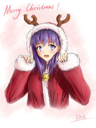 Rule 34 | 1girl, alternate costume, antlers, artist name, bell, blush, christmas, commentary, fate/stay night, fate (series), fur trim, horns, looking at viewer, matou sakura, merry christmas, open mouth, purple eyes, purple hair, reindeer antlers, rna (angel-smelter), santa costume, sleeves past wrists, solo