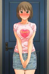 Rule 34 | 1girl, ayase fuuka, blush, bob cut, breasts squeezed together, breasts, brown eyes, brown hair, clothes writing, denim skirt, door, ear blush, embarrassed, covered erect nipples, eyebrows, heart, highres, kinako (kinako no yama), kinako no yama, large breasts, miniskirt, pencil skirt, shirt, skirt, solo, standing, t-shirt, thick eyebrows, yotsubato!