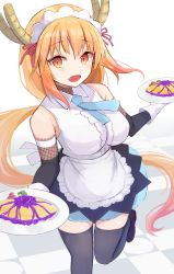 Rule 34 | 1girl, apron, blonde hair, blue necktie, blush, bridal gauntlets, colored tips, dragon girl, dragon horns, fang, floating hair, food, gloves, highres, holding, holding food, holding plate, horns, kobayashi-san chi no maidragon, long hair, looking at viewer, low-tied long hair, maid, maid apron, maid headdress, multicolored hair, necktie, okosan (pixiv), omelet, omurice, open mouth, orange eyes, orange hair, plate, resolution mismatch, short necktie, sleeveless, slit pupils, smile, solo, source smaller, standing, standing on one leg, thighhighs, tohru (maidragon), two-tone hair, very long hair, white gloves, zettai ryouiki