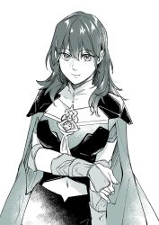 Rule 34 | 1girl, byleth (female) (fire emblem), byleth (fire emblem), cape, closed mouth, fire emblem, fire emblem: three houses, greyscale, hair between eyes, long hair, looking at viewer, midriff, monochrome, navel, nintendo, nishinishihigas, simple background, solo, standing, stomach, white background