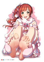 Rule 34 | 1girl, :d, arm garter, bandeau, bare shoulders, barefoot, blush, bow, breasts, brown eyes, brown hair, casino (casinoep), earrings, feet, foot focus, foreshortening, hair bow, hair ornament, hair ribbon, highres, idolmaster, idolmaster cinderella girls, igarashi kyoko, jewelry, knees up, legs, long hair, looking at viewer, medium breasts, mittens, non-web source, open mouth, pink bow, pink ribbon, pink skirt, presenting foot, ribbon, scarf, side ponytail, sitting, skirt, smile, soles, solo, sparkle, teeth, toes, upper teeth only, white background, white scarf