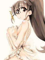 Rule 34 | 1girl, apron, bad id, bad pixiv id, bespectacled, blush, breast suppress, breasts, brown eyes, brown hair, glasses, large breasts, long hair, looking back, mike156, naked apron, open mouth, ponytail, see-through, solo, taneshima popura, very long hair, working!!