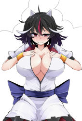 Rule 34 | 1girl, absurdres, ahoge, alternate breast size, black hair, blush, bracelet, breasts, bursting breasts, cleavage, cone horns, cowboy shot, highres, horns, jewelry, kijin seija, large breasts, looking at viewer, md5 mismatch, multicolored hair, no bra, nose blush, open clothes, open shirt, puffy short sleeves, puffy sleeves, red eyes, red hair, rihito (usazukin), sash, shirt, short hair, short sleeves, solo, streaked hair, sweat, tears, touhou, tsurime, uneven eyes, wavy mouth, white background, white hair