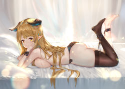 Rule 34 | 1girl, absurdres, arknights, ass, bikini, bikini bottom only, black bikini, black thighhighs, blonde hair, breasts, cheek rest, echomlete, hand on own cheek, hand on own face, highres, horns, large breasts, long hair, looking at viewer, lying, meteorite (arknights), on stomach, pointy ears, side-tie bikini bottom, single thighhigh, solo, swimsuit, thighhighs, topless, wristband, yellow eyes