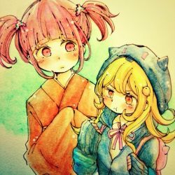 Rule 34 | 2girls, alternate hairstyle, backpack, bag, bird hair ornament, blonde hair, blunt bangs, blush, closed mouth, collared shirt, commentary request, cosplay, costume switch, danganronpa (series), danganronpa 2: goodbye despair, gradient background, green background, green jacket, hair ornament, hood, hood up, jacket, long sleeves, looking at another, multiple girls, nanami chiaki, nanami chiaki (cosplay), neck ribbon, orange eyes, pink eyes, pink ribbon, pout, ribbon, saionji hiyoko, saionji hiyoko (cosplay), shirt, short hair, short twintails, spaceship hair ornament, traditional media, twintails, upper body, yuki maru (yukimaru 1)
