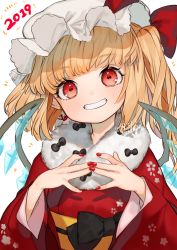 Rule 34 | 1girl, 2019, alternate costume, artist name, bad id, bad twitter id, black bow, blonde hair, blush, bow, crystal, dated, earrings, fingernails, fingers together, flandre scarlet, gotou (nekocat), grin, hat, hat ribbon, head tilt, highres, japanese clothes, jewelry, kimono, long hair, looking at viewer, mob cap, nail polish, new year, obi, origami, paper crane, red eyes, red kimono, red nails, red ribbon, ribbon, sash, simple background, smile, solo, teeth, touhou, upper body, white background, white hat, wings, yukata