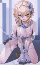 Rule 34 | 1girl, absurdres, alternate costume, bare shoulders, bikini, blonde hair, blurry, blurry background, bound, bound wrists, breasts, cleavage, commentary request, flower, genshin impact, gloves, hair flower, hair intakes, hair ornament, highres, indol, kneeling, large breasts, looking at viewer, lumine (genshin impact), open mouth, saliva, saliva trail, short hair, short hair with long locks, solo, swimsuit, white bikini, white gloves, yellow eyes