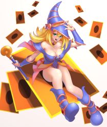 Rule 34 | 1girl, absurdres, aloe (sos961111), bare shoulders, blonde hair, blue footwear, blush stickers, breasts, card, cleavage, dark magician girl, duel monster, green eyes, hat, highres, large breasts, long hair, looking at viewer, magical girl, pentacle, simple background, solo, wand, white background, wizard hat, yu-gi-oh!, yu-gi-oh! duel monsters