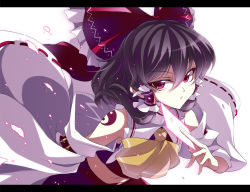 Rule 34 | 1girl, ascot, black hair, bow, detached sleeves, female focus, hair bow, hair tubes, hakurei reimu, japanese clothes, letterboxed, looking at viewer, miko, navel, red eyes, short hair, solo, tattoo, touhou, touya (the-moon), yin yang