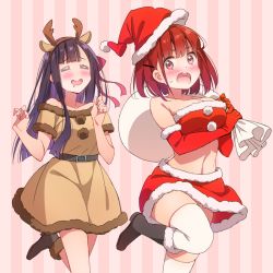 Rule 34 | 2girls, :d, :o, = =, amae sasete hinamori-san!, animal ears, arm under breasts, belt, black footwear, blunt bangs, blunt ends, blush, boots, breasts, brown dress, carrying over shoulder, character request, chasing, christmas, collarbone, detached sleeves, dress, drooling, elbow gloves, fake animal ears, fake antlers, fur-trimmed boots, fur-trimmed gloves, fur-trimmed skirt, fur trim, gloves, hair ornament, hair ribbon, hairclip, hat, large breasts, leg up, long hair, midriff, multiple girls, off-shoulder dress, off shoulder, open mouth, pink background, purple eyes, purple hair, red gloves, red hair, red skirt, ribbon, sack, santa costume, santa hat, short hair, skirt, smile, striped, striped background, thighhighs, thighhighs under boots, thighs, tsuke (maholabo), white legwear, yuri