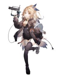 Rule 34 | 1girl, absurdres, arknights, black jacket, black skirt, black thighhighs, blonde hair, blue nails, blush, buttons, celina, chinese commentary, commentary request, feather hair, feather hair ornament, feathers, fingernails, full body, grey footwear, gun, hair ornament, highres, holding, holding gun, holding weapon, jacket, legwear garter, long sleeves, looking at viewer, mole, mole under eye, multicolored nails, nail gun, nail polish, open clothes, open jacket, orange eyes, parted lips, pinecone (arknights), ponytail, red nails, shoes, simple background, skirt, solo, standing, standing on one leg, sweater, thighhighs, weapon, white background, white sweater