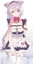 Rule 34 | 1girl, ahoge, animal ear fluff, animal ears, apron, bad id, bad pixiv id, bandaged arm, bandages, bandaid, bandaid hair ornament, barcode, barcode tattoo, bell, black bow, black dress, black hairband, blush, bow, braid, breasts, cat ears, chain, cleavage, closed mouth, collarbone, commentary request, dress, ear piercing, frilled dress, frills, garter straps, gloves, gradient background, grey background, grey eyes, hair bow, hair ornament, hair over shoulder, hairband, heart, heterochromia, indie virtual youtuber, jingle bell, lolo (vtuber), long hair, medium breasts, multicolored hair, piercing, pink hair, red bow, red eyes, ribbon-trimmed apron, ribbon trim, rotmico, silver hair, single braid, sitting, sleeveless, sleeveless dress, smile, solo, tattoo, thighhighs, two-tone hair, very long hair, virtual youtuber, waist apron, white apron, white background, white gloves, white thighhighs, x hair ornament