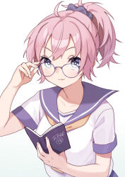 Rule 34 | 1girl, :3, adjusting eyewear, aoba (kancolle), bespectacled, blue eyes, blue scrunchie, commentary request, commission, glasses, hair ornament, hair scrunchie, kantai collection, messy hair, mitsuyo (mituyo324), neckerchief, notebook, pink hair, ponytail, purple sailor collar, sailor collar, sailor shirt, school uniform, scrunchie, serafuku, shirt, simple background, solo, upper body, white background, white shirt, yellow neckerchief
