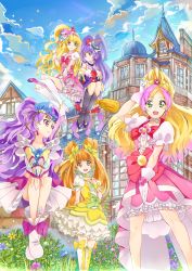 Rule 34 | 5girls, :d, absurdres, arm up, asahina mirai, black hat, black socks, blonde hair, boots, bow, brown eyes, brown hair, choker, cloud, cloudy sky, collarbone, cure flora, cure magical, cure miracle, cure rosetta, day, dokidoki! precure, dress, earrings, frilled dress, frills, gloves, go! princess precure, green eyes, hair ornament, hand on own knee, haruno haruka, hat, high heel boots, high heels, highres, holding, izayoi liko, jewelry, knee boots, kneehighs, looking at viewer, magical girl, mahou girls precure!, milky rose, mimino kurumi, mini hat, multicolored hair, multiple girls, open mouth, outdoors, pink hair, pink hat, precure, purple hair, red eyes, short sleeves, sky, smile, socks, standing, two-tone hair, waist bow, white footwear, white gloves, wings, witch hat, yellow bow, yes! precure 5, yotsuba alice, yuutarou (fukiiincho)