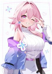 Rule 34 | 1girl, absurdres, belt, blue eyes, blue jacket, blue nails, blue skirt, blush, clenched teeth, commentary request, cowboy shot, detached sleeves, earrings, elegant (sumisumi4268), flower ornament, gradient jacket, gradient nails, grid background, hair intakes, high belt, highres, honkai: star rail, honkai (series), jacket, jewelry, layered skirt, long sleeves, march 7th (feast) (honkai: star rail), march 7th (honkai: star rail), medium hair, nail polish, off shoulder, official alternate costume, one eye closed, partial commentary, pink eyes, pink hair, pink jacket, pink nails, single earring, skirt, sleeveless, sleeveless sweater, smile, solo, sweater, teeth, turtleneck, turtleneck sweater, two-tone eyes, v over eye, white skirt, white sleeves, white sweater