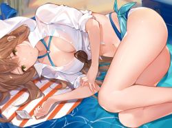 Rule 34 | 1girl, ass, beach, beach mat, bikini, blue sarong, blurry, blurry background, blush, breasts, brown hair, character name, cleavage, collarbone, day, eyewear hang, unworn eyewear, girls&#039; frontline, green eyes, hair between eyes, hair ribbon, hair rings, hana mori, large breasts, long hair, looking at viewer, lying, navel, official alternate costume, on side, outdoors, parted lips, ribbon, sand, sarong, shirt, sidelocks, smile, solo, springfield (girls&#039; frontline), springfield (stirring mermaid) (girls&#039; frontline), stomach, sunglasses, swimsuit, thighs, tied shirt, white bikini, white shirt