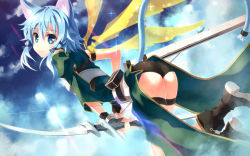 Rule 34 | 10s, 1girl, animal ears, arched back, arrow (projectile), ass, black gloves, blue eyes, blue hair, boots, bow (weapon), cat ears, cat tail, cloud, fingerless gloves, from behind, gloves, hair ornament, hairclip, head tilt, looking at viewer, looking back, matching hair/eyes, short hair, short shorts, shorts, sinon, sinon (sao-alo), sky, solo, sparkle, sword, sword art online, tail, thighs, weapon, wings, yuuki tatsuya