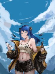 Rule 34 | 1girl, absurdres, arknights, bare shoulders, black jacket, black shorts, blue eyes, blue hair, blue nails, blue sky, bottle, breasts, camisole, cleavage, cloud, commentary, cowboy shot, crop top, day, halo, highres, holding, holding bottle, horns, jacket, long hair, long sleeves, looking at viewer, medium breasts, midriff, mostima (arknights), nail polish, navel, off shoulder, official alternate costume, open clothes, open jacket, plum (sousshiroll), short shorts, shorts, sky, smile, solo, spaghetti strap, standing, star (symbol), star print, stomach, water bottle
