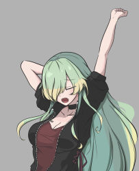 Rule 34 | 1girl, absurdres, arm behind head, black choker, black jacket, breasts, choker, cleavage, clenched hands, closed eyes, fang, green hair, grey background, hair over one eye, highres, indie virtual youtuber, jacket, medium breasts, mizukagami iruka, nunogire, one eye covered, open mouth, solo, stretching, virtual youtuber, yawning