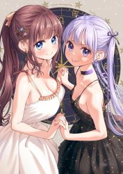 Rule 34 | 2girls, black dress, blue eyes, blunt bangs, breasts, brown hair, choker, dress, earrings, hair ornament, hair ribbon, highres, holding hands, interlocked fingers, jewelry, large breasts, long hair, looking at viewer, mole, mole on breast, multiple girls, new game!, ponytail, purple choker, purple eyes, purple hair, purple ribbon, ribbon, sidelocks, small breasts, smile, spaghetti strap, star (symbol), star earrings, star hair ornament, star print, suzukaze aoba, takimoto hifumi, tokunou shoutarou, tongue, tongue out, twintails, white dress, yellow choker, yellow ribbon