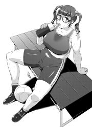 Rule 34 | 1girl, balloon, bike shorts, breasts, drinking, ganto, glasses, highres, huge breasts, lips, looking at viewer, monochrome, plump, solo, sweat, twintails, white background