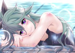 Rule 34 | 1girl, aka kitsune, bad id, bad pixiv id, black ribbon, blue one-piece swimsuit, breasts, day, green hair, hair between eyes, hair flaps, hair ornament, hair ribbon, kantai collection, long hair, looking at viewer, neckerchief, one-piece swimsuit, partially submerged, ponytail, pool, poolside, ribbon, school swimsuit, small breasts, solo, swimsuit, upper body, water, wet, wet clothes, wet swimsuit, yamakaze (kancolle)