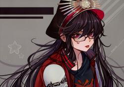Rule 34 | 1girl, bespectacled, black hair, commentary request, fate/grand order, fate (series), glasses, hair between eyes, hat, jacket, long hair, looking at viewer, march ab, military hat, oda nobunaga (fate), oda nobunaga (koha-ace), oda nobunaga (swimsuit berserker) (fate), oda uri, open mouth, peaked cap, red eyes, shirt, solo, t-shirt, tongue, tongue out, upper body