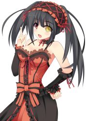Rule 34 | 10s, 1girl, :d, absurdres, bare shoulders, black hair, breasts, brysinggamen, cleavage, clock eyes, collarbone, date a live, detached collar, detached sleeves, dress, hairband, heterochromia, highres, index finger raised, lolita fashion, lolita hairband, looking at viewer, open mouth, red eyes, simple background, smile, symbol-shaped pupils, tokisaki kurumi, twintails, white background, yellow eyes