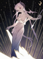 Rule 34 | 1girl, ;), absurdres, arrow (projectile), bare shoulders, breasts, cai bi, closed mouth, collarbone, crescent moon, demon girl, demon horns, demon wings, dress, feet out of frame, head tilt, highres, holding, holding arrow, holding weapon, horns, long hair, looking at viewer, medium breasts, moon, nipple slip, nipples, one eye closed, original, pink hair, pink wings, red eyes, sky, smile, solo, standing, star (sky), starry sky, strap slip, striped, twitter username, vertical stripes, weapon, white dress, wings