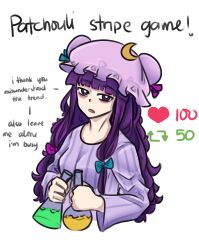 Rule 34 | 1girl, absurdres, aqua bow, bags under eyes, blunt bangs, bow, commentary, crescent, crescent hat ornament, dress, english commentary, english text, flask, hat, hat ornament, highres, like and retweet, meme, mob cap, patchouli knowledge, pun, purple bow, purple eyes, purple hair, simple background, striped clothes, striped dress, tem (insomnia tem), touhou, twitter strip game (meme), upper body, vertical-striped clothes, vertical-striped dress, white background