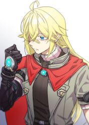 Rule 34 | 1boy, ahoge, belt, blonde hair, blue eyes, cape, clenched hand, closed mouth, coat, colored eyelashes, crossed bangs, frown, gradient background, grey belt, grey coat, hair between eyes, hand up, kaon solu, long hair, male focus, mechanical arms, open clothes, open coat, red cape, short sleeves, shulk (xenoblade), single mechanical arm, solo, split mouth, xenoblade chronicles (series), xenoblade chronicles 3, xenoblade chronicles 3: future redeemed