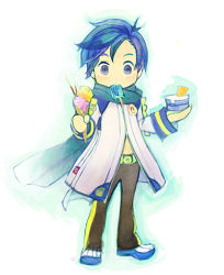 Rule 34 | 1boy, blue eyes, blue hair, chibi, cloak, eating, food, full body, gradient background, ice cream, kaito (vocaloid), lowres, male focus, matching hair/eyes, mouth hold, na2, scarf, short hair, simple background, solo, standing, vocaloid