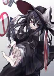 Rule 34 | 1girl, black hair, black headwear, black jacket, black pants, bow, empty eyes, hair bow, highres, jacket, long hair, long sleeves, looking at viewer, muraryo, no entry sign, pants, red eyes, red nails, road sign, shirt, sign, solo, touhou, usami renko, white background, white bow, white shirt