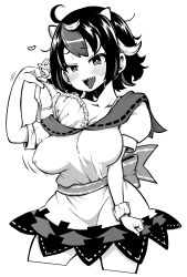 Rule 34 | 1girl, :d, ahoge, blush, breasts, cleavage, collarbone, commentary request, cone horns, contrapposto, covered erect nipples, cowboy shot, cropped legs, dress, greyscale, hand up, highres, himajin noizu, horns, kijin seija, medium breasts, monochrome, multicolored hair, open mouth, removing bra under shirt, sharp teeth, short hair, smile, solo, strap pull, streaked hair, teeth, tongue, tongue out, touhou, unaligned breasts, uneven eyes, upper teeth only